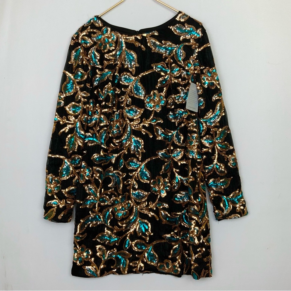 NEW Dress The Population Sz XL Black Green Gold Sequin Long Sleeve Fitted Dress
